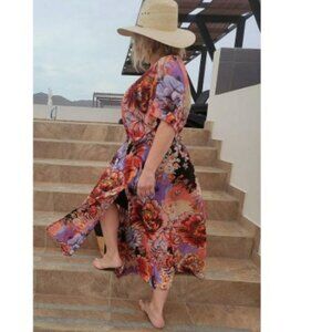 Urban Lux Resort Cover Up One Size Orange Black Floral
